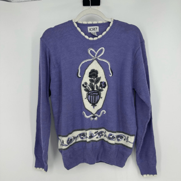 Vintage Wool Angora Embroidered Sweater M Purple Fairy Cottage Scalloped Neck - Picture 14 of 14